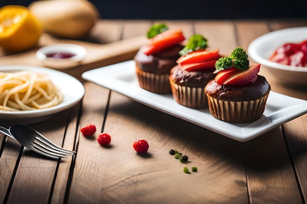 ein Teller mit Muffins und Himbeeren