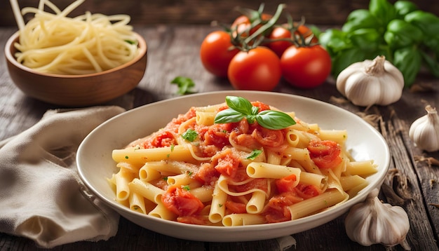 ein Teller mit Nudeln, Tomaten und Basilikum