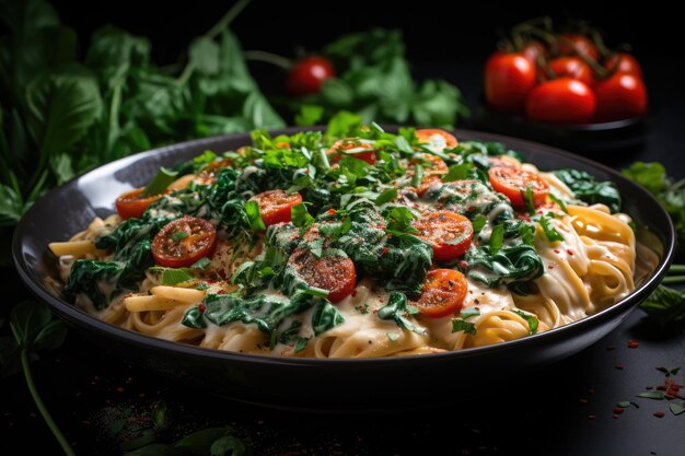 ein Teller mit Nudeln, Tomaten und Grünen