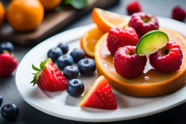 ein Teller mit Obst, darunter Erdbeeren, Himbeeren und Blaubeeren.