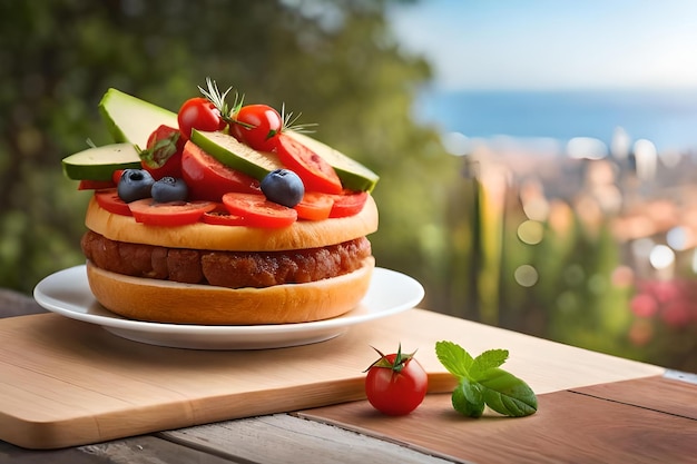 ein Teller mit Obst und ein Sandwich auf einem Tisch