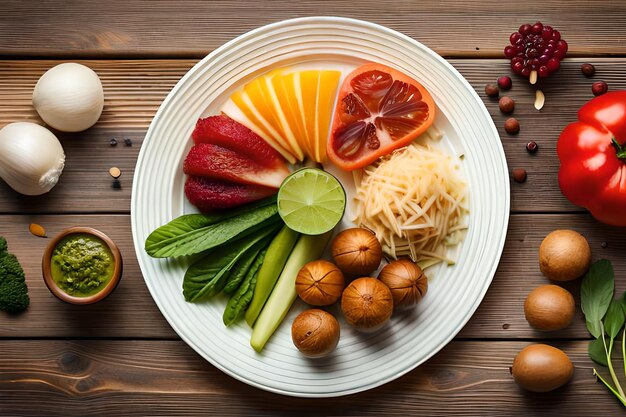 ein Teller mit Obst und Gemüse auf einem Holztisch.