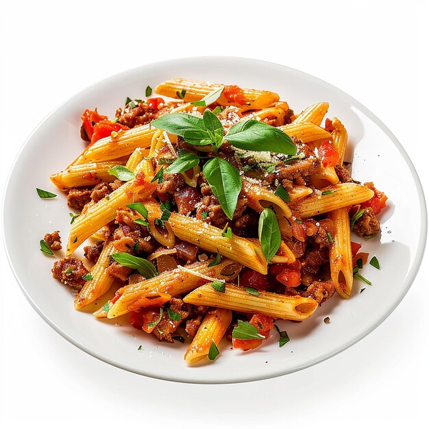 ein Teller mit Pasta mit einem grünen Blatt darüber