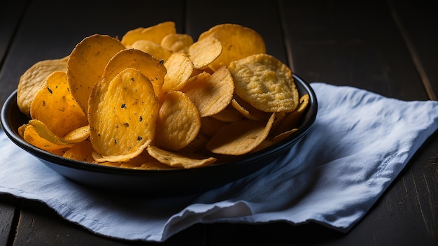 Ein Teller mit perfekt knusprigen Kartoffelchips auf einem Holztisch