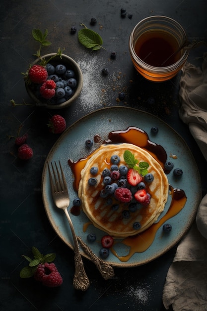 Ein Teller mit Pfannkuchen mit Heidelbeeren und Himbeeren darauf