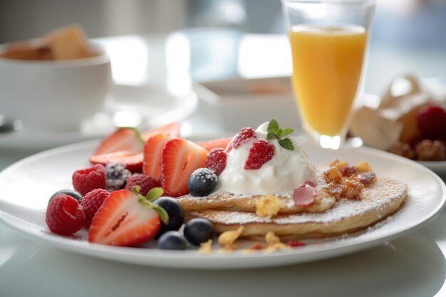 Foto ein teller mit pfannkuchen, obst und joghurt