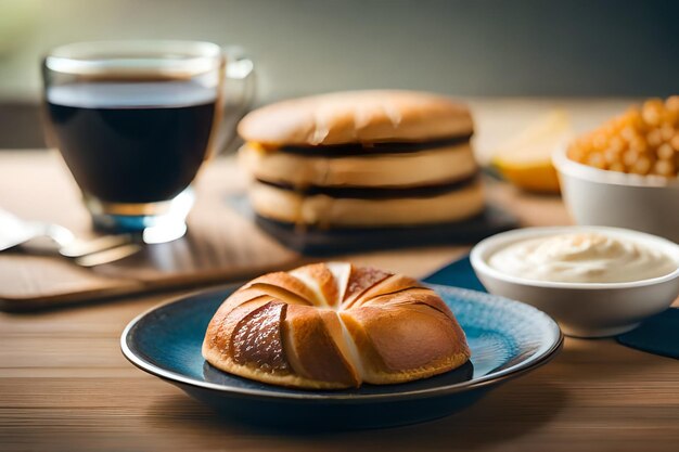 Ein Teller mit Pfannkuchen und ein Glas Kaffee im Hintergrund.