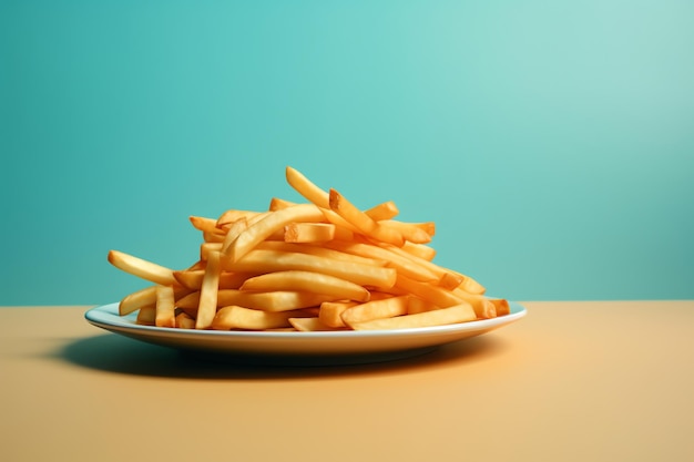 Ein Teller mit Pommes auf einem Tisch mit blauem Hintergrund