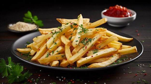 Ein Teller mit Pommes Frites mit einer Beilage Ketchup an der Seite.