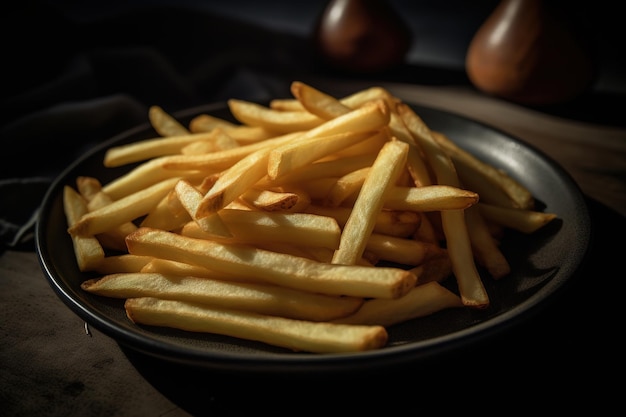 Ein Teller mit Pommes Frites wird mit schwarzem Hintergrund angezeigt.