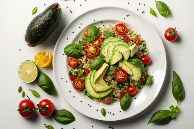 Ein Teller mit Quinoa-Salat mit Avocado und Basilikumblättern