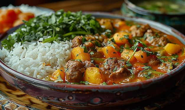 ein Teller mit Reis, Fleisch und Gemüse