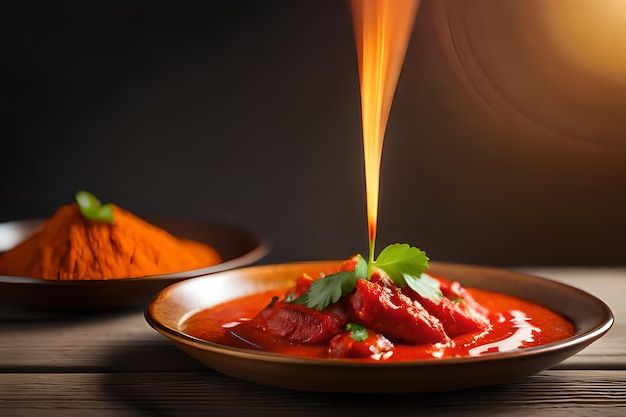 Ein Teller mit rotem Curry, aus dem Rauch aufsteigt.