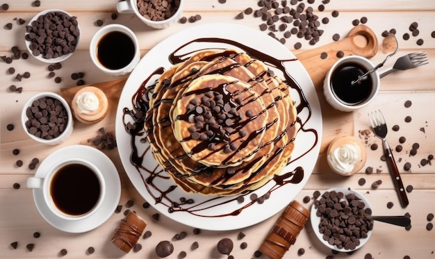 Ein Teller mit Schokoladensirup und ein Stapel Pfannkuchen mit Schokoladensirup darauf.