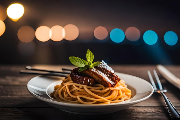 ein Teller mit Spaghetti mit einem grünen Blatt darüber