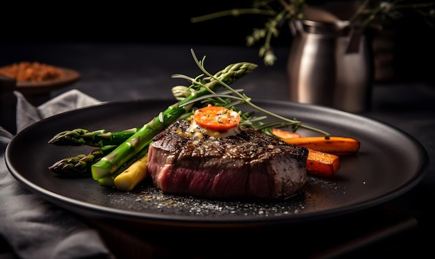 Ein Teller mit Steak und Gemüse auf einem Tisch