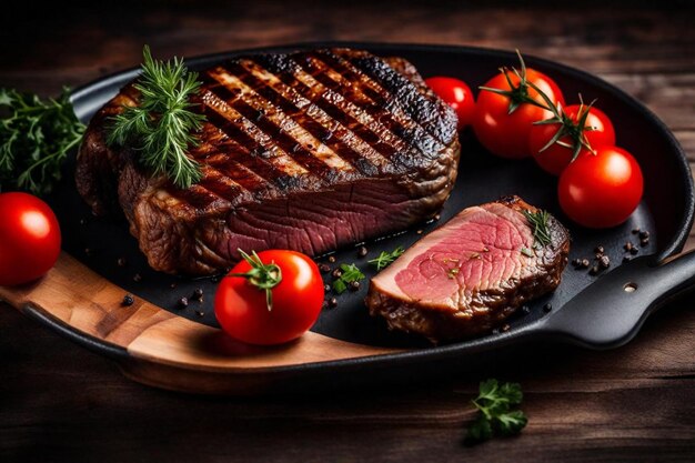 Foto ein teller mit steaks und tomaten auf einem tisch