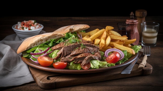 Ein Teller mit Steaksalat und Pommes