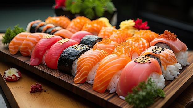 ein Teller mit Sushi auf einer Holzoberfläche