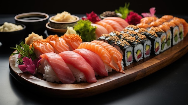 ein Teller mit Sushi auf einer schwarzen Oberfläche