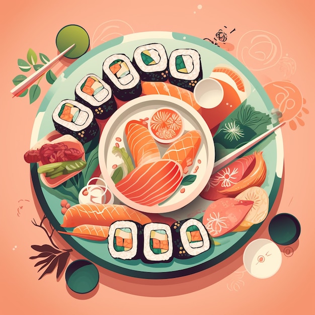 Ein Teller mit Sushi mit dem Wort Sushi darauf