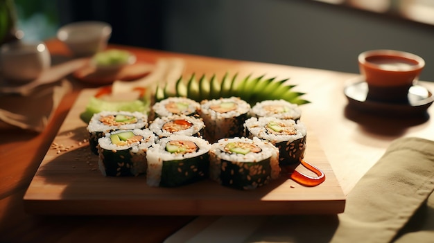 Ein Teller mit Sushi-Rollen mit Sojasauce und Wasabi