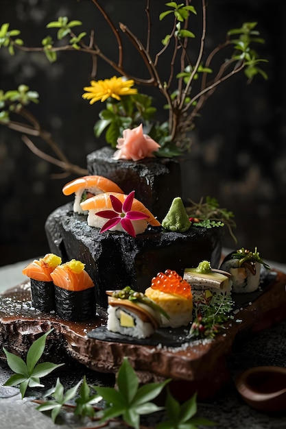 ein Teller mit Sushi und Blumen auf einem Tisch