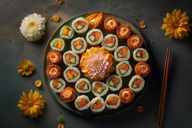 Ein Teller mit Sushi und Blumenarrangement