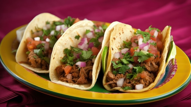 Ein Teller mit Tacos mit grünem Rand und rotem Hintergrund