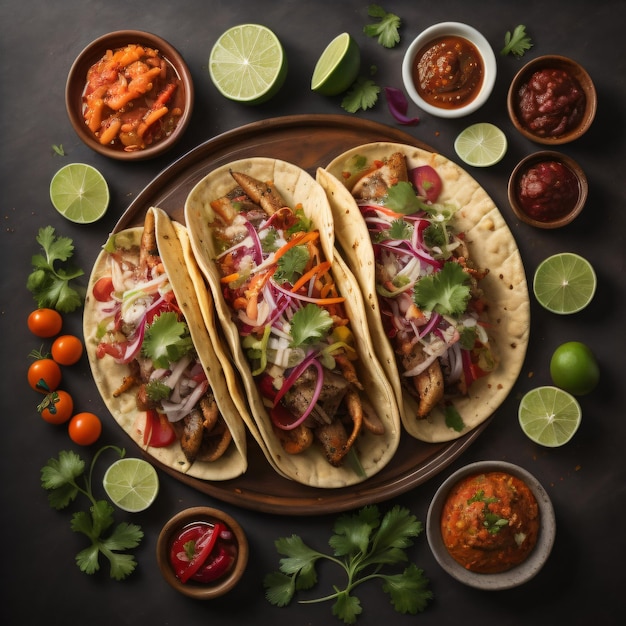 Ein Teller mit Tacos und einer Vielzahl von Zutaten, darunter Tortillas.