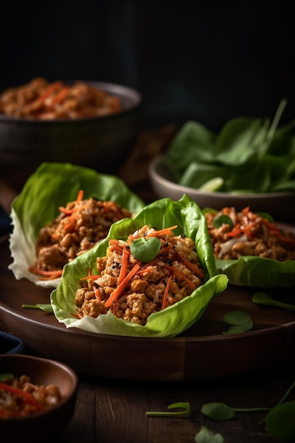 Ein Teller mit thailändischen Hähnchensalat-Wraps