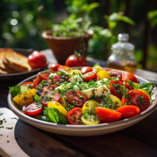 ein Teller mit Tomaten und Käse auf einem Tisch