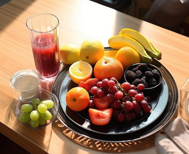 Ein Teller mit verschiedenen Früchten, ein Krug Saft und eine Saftpresse auf dem Tisch