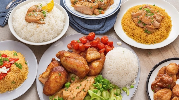 Ein Teller mit verschiedenen Gerichten, darunter Hühnerreis und andere Speisen