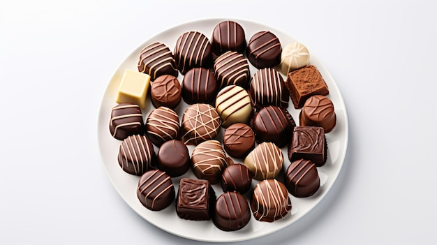 Ein Teller mit verschiedenen Schokoladen auf einem weißen