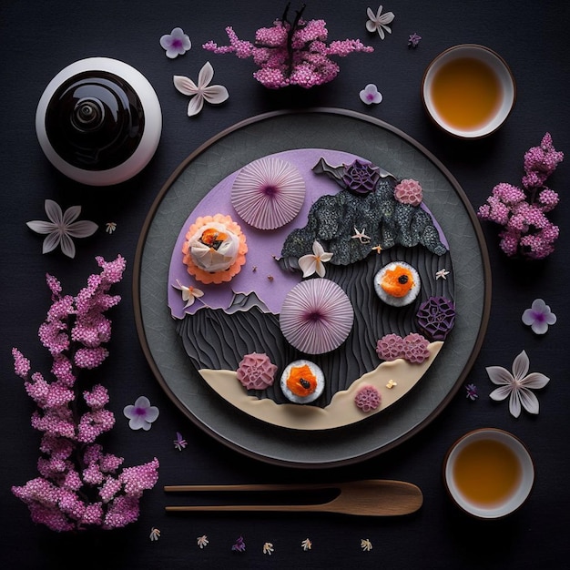 Ein Teller mit violetten Blumen und einer Teekanne auf dem Tisch.