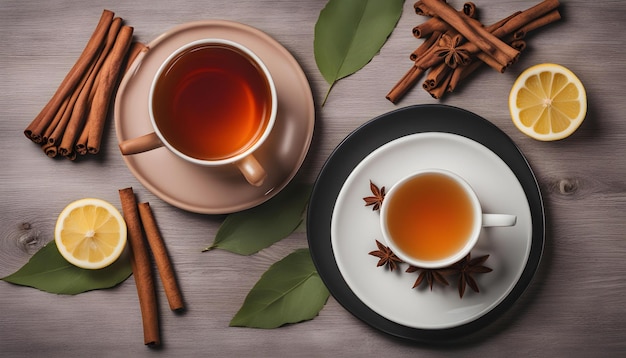 ein Teller mit Zimtstäbchen und eine Tasse Tee mit Zimtstöbchen