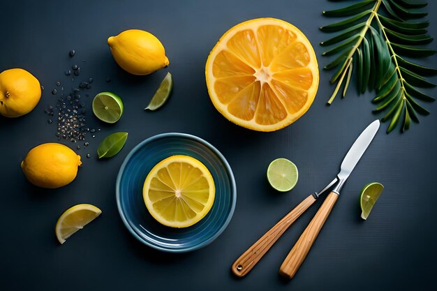 Ein Teller mit Zitronen und anderen Früchten mit einem Messer und einem Messer daneben.