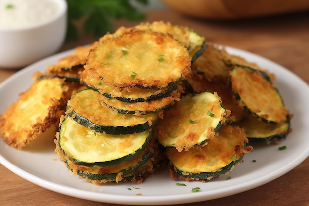 Ein Teller mit Zucchinischeiben und Petersilie darauf.