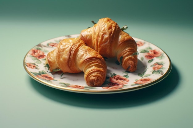 Ein Teller mit zwei Croissants auf einem grünen Hintergrund.