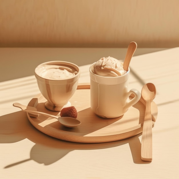 Ein Teller mit zwei Tassen Kaffee und einem Löffel darauf