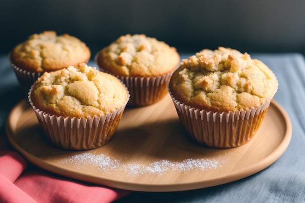 Ein Teller Muffins mit einem Muffin auf einem Holztisch.