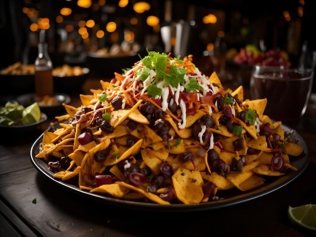 Ein Teller Nachos mit einem Glas Bier an der Seite