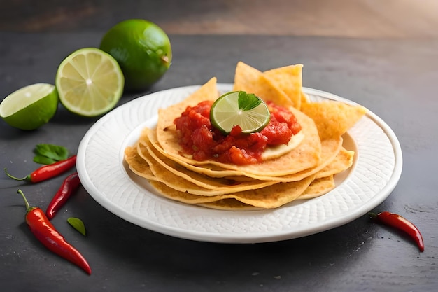 Ein Teller Nachos mit Pommes und Salsa