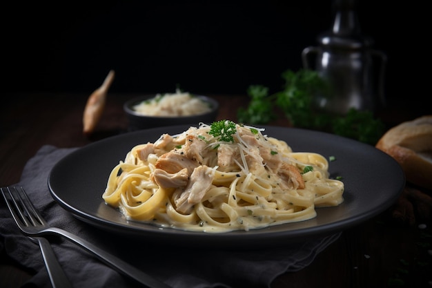 Ein Teller Nudeln mit Hühnchen und Parmesankäse