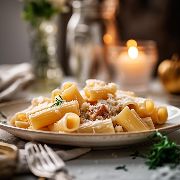 Ein Teller Nudeln mit Käse und Parmesan darauf