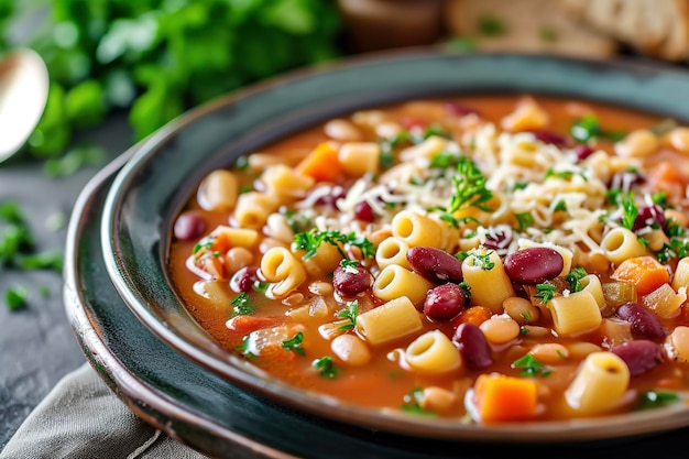 Ein Teller Pasta e fagioli, eine klassische italienische Suppe aus Nudeln und Gemüse