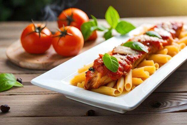 Ein Teller Pasta mit Hähnchenmarinara darauf