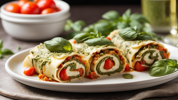 Foto ein teller pesto-lasagne-röllchen mit einer beilage aus frischen tomaten und basilikumblättern