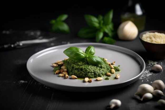 Ein Teller Pesto mit Pinienkernen als Beilage